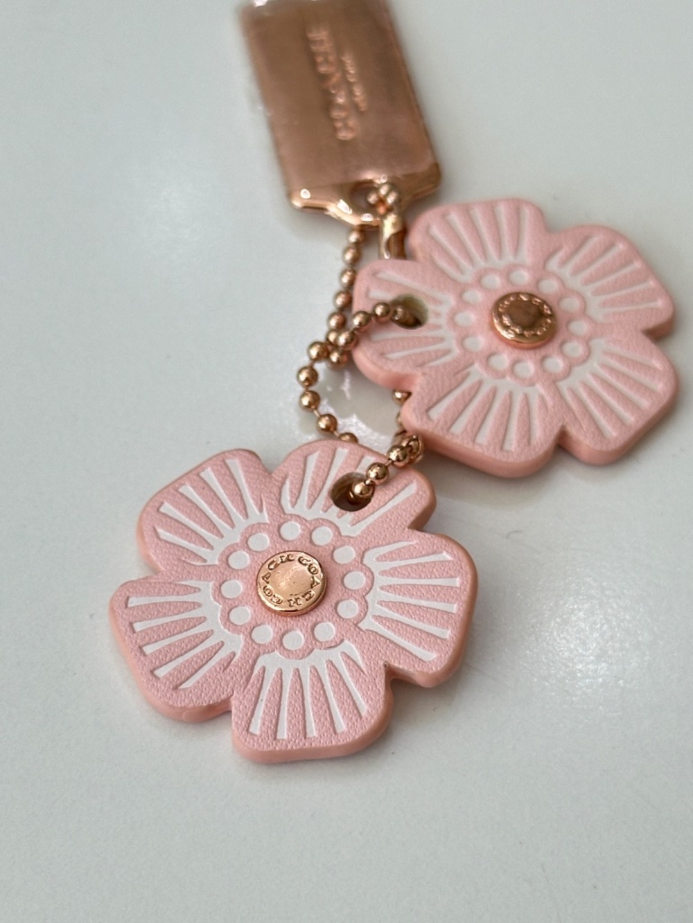 Coach Floral Pink White Rose Gold Metal Leather Flower Key Chain Bag Charm Mini - Picture 3 of 4